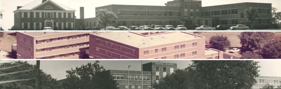 A series of three images showing Tidelands Georgetown Memorial Hospital in its early stages.