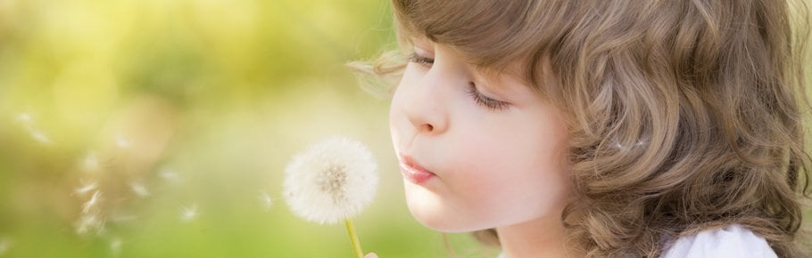 A child with a dandelion to represent allergies.